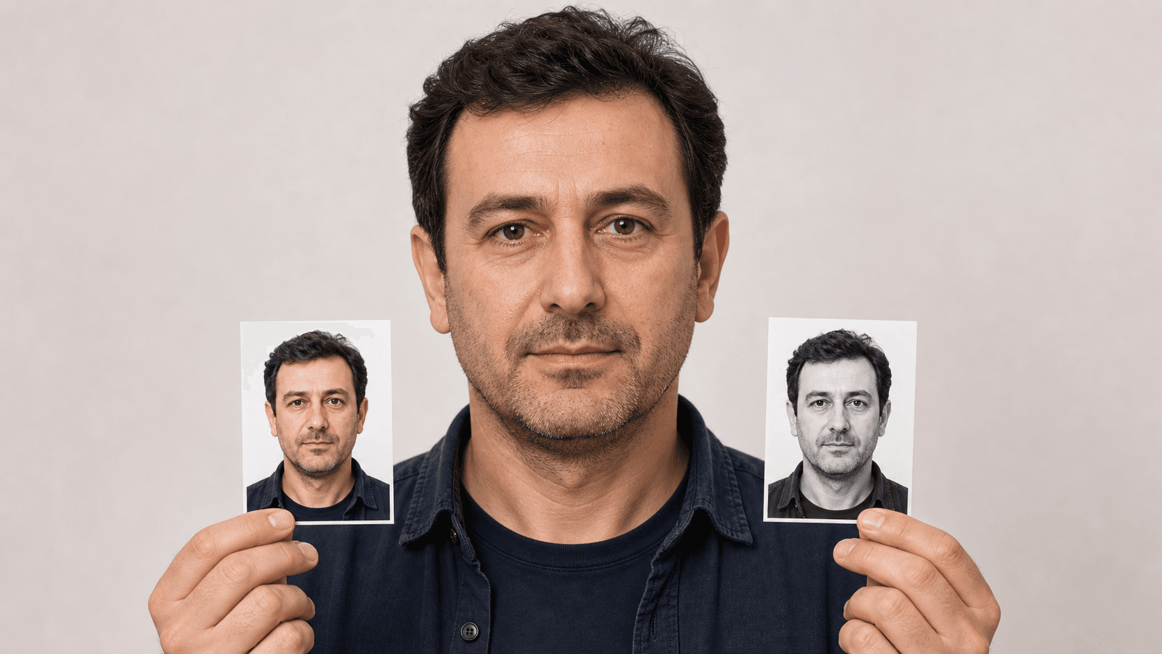 Aynı kişiye ait doğal renkli ve siyah beyaz biyometrik fotoğraf baskılarını karşılaştıran, yüzü tamamen görünür başvuru sahibi