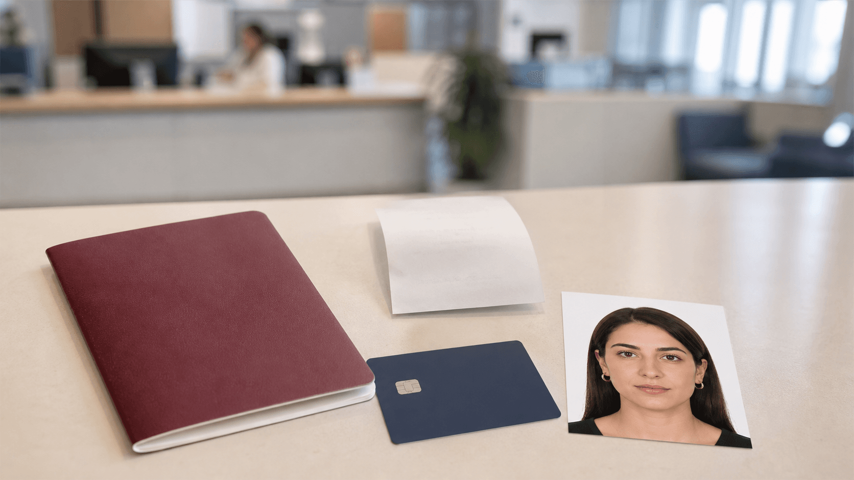 Pasaport harcı ve defter bedeli iadesini temsil eden bordo pasaport, biyometrik fotoğraf, ödeme belgesi ve banka kartı