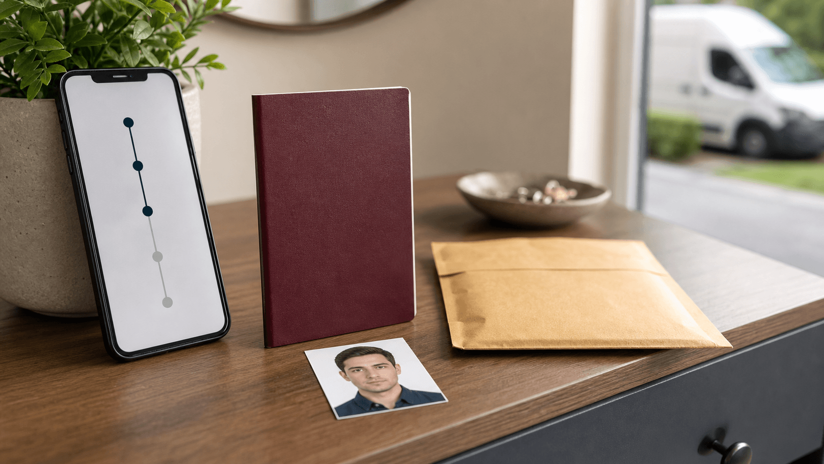 Pasaport teslim takibini temsil eden doğal yüzlü biyometrik fotoğraf, bordo pasaport, takip ekranlı telefon ve kargo zarfı