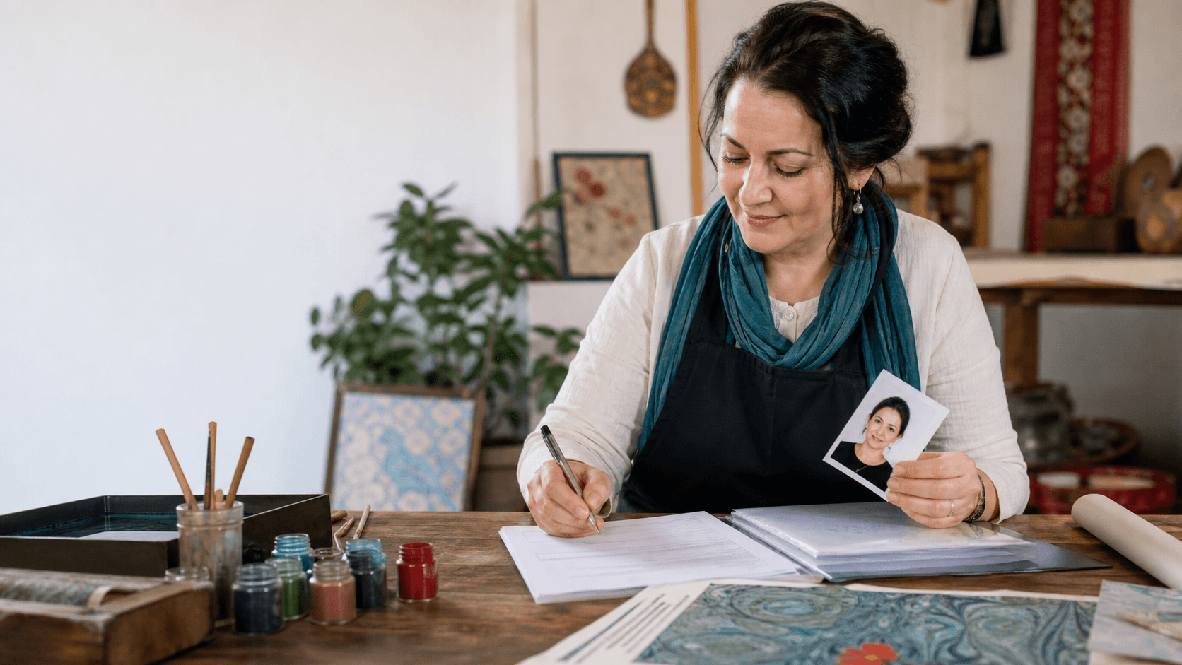 Somut olmayan kültürel miras taşıyıcısı kartı için vesikalık fotoğrafını ve sanat çalışmalarını hazırlayan geleneksel sanatçı