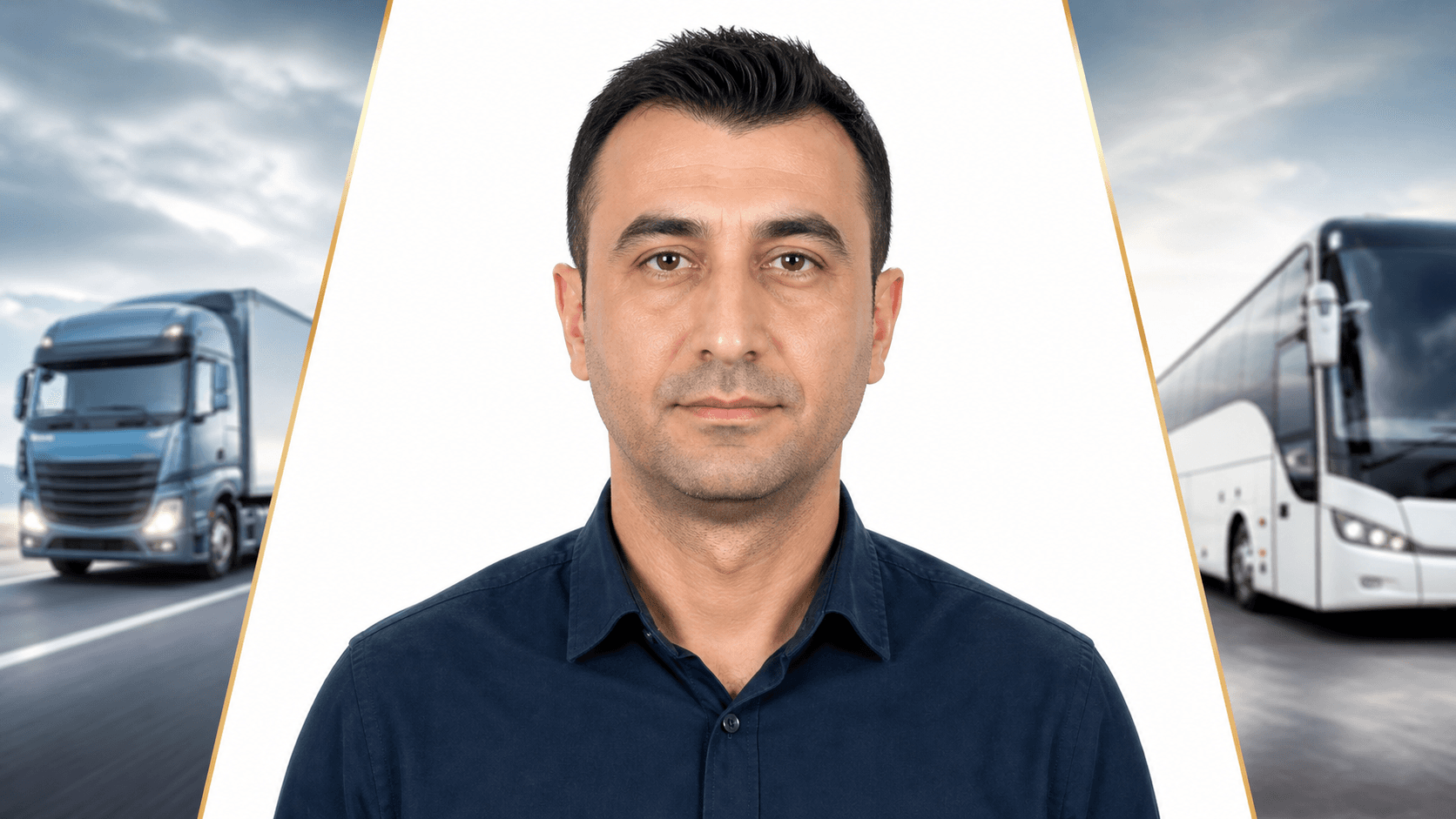SRC belgesi için beyaz fonda doğrudan kameraya bakan profesyonel sürücü adayı ile flu kamyon ve otobüs