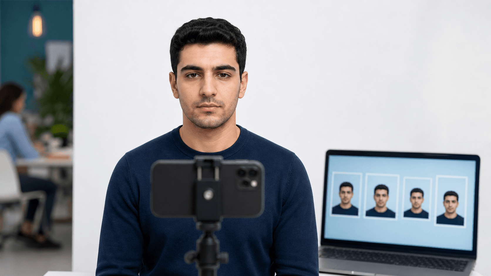 Farklı ülke vize ölçülerine hazırlanmak için beyaz fonda telefonla nötr ifadeli biyometrik fotoğraf çeken yetişkin ve flu dijital kadrajlar