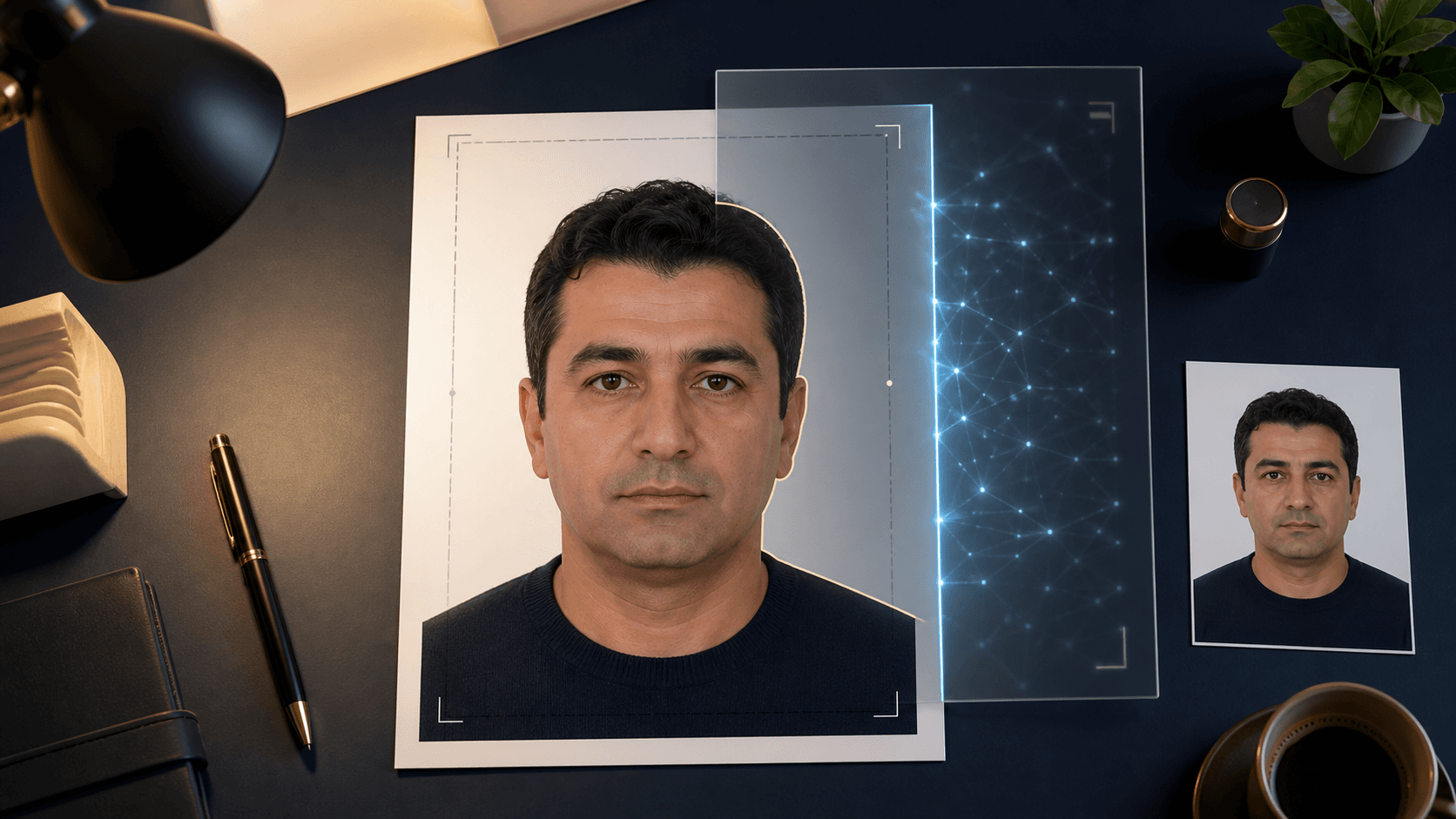 Doğal biyometrik portreyi koruyan kırpma alanı ile yüz dışındaki yapay zekâ ağını gösteren düzenleme masası