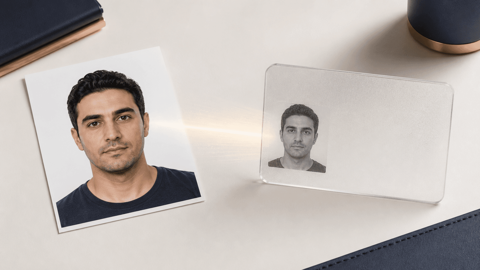Aynı kişinin renkli biyometrik fotoğrafı ile yazısız örnek kart yüzeyindeki gri portresinin karşılaştırması