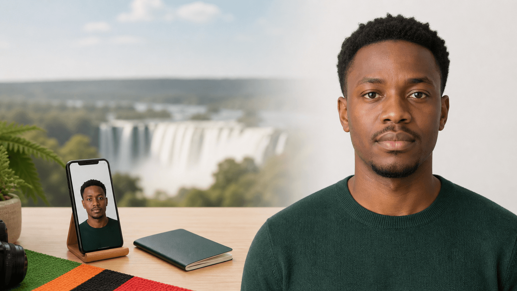 Zambiya e-Vize başvurusu için açık fonda çekilmiş güncel pasaport tipi portresini telefonda kontrol eden yolcu