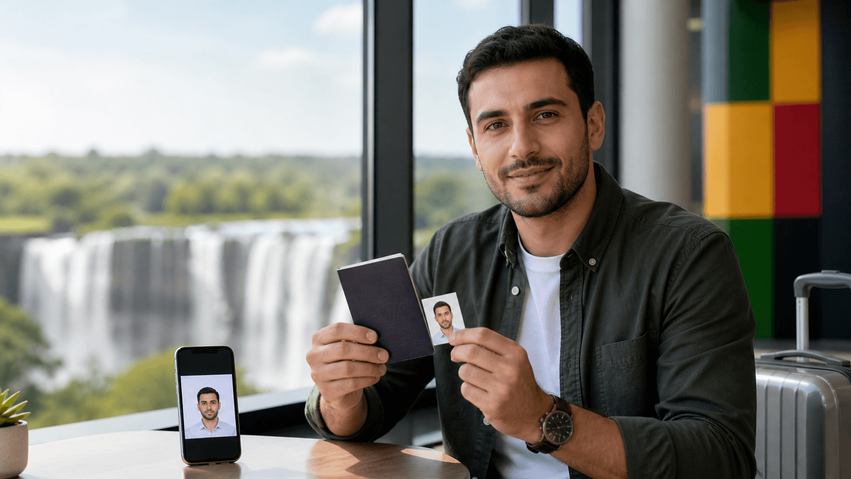 Zimbabve kapıda vize ve online e-Vize seçenekleri için pasaportu ile fotoğrafını hazırlayan Türk yolcu